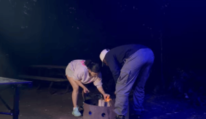 Attempting to start a campfire on a first-time camping trip